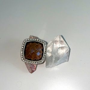 David Yurman 925 Sterling Silver 20cm Smoky Quartz Albion Diamond Ring size 6